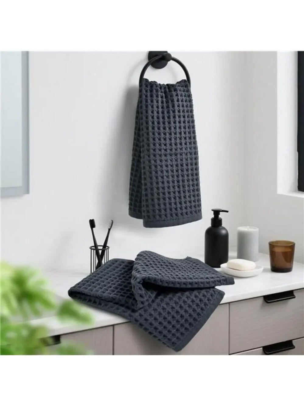 Waffle Hand Towels Set 2 Pack Cotton Quick Dry Lint Free Bathroom Kitchen Face
